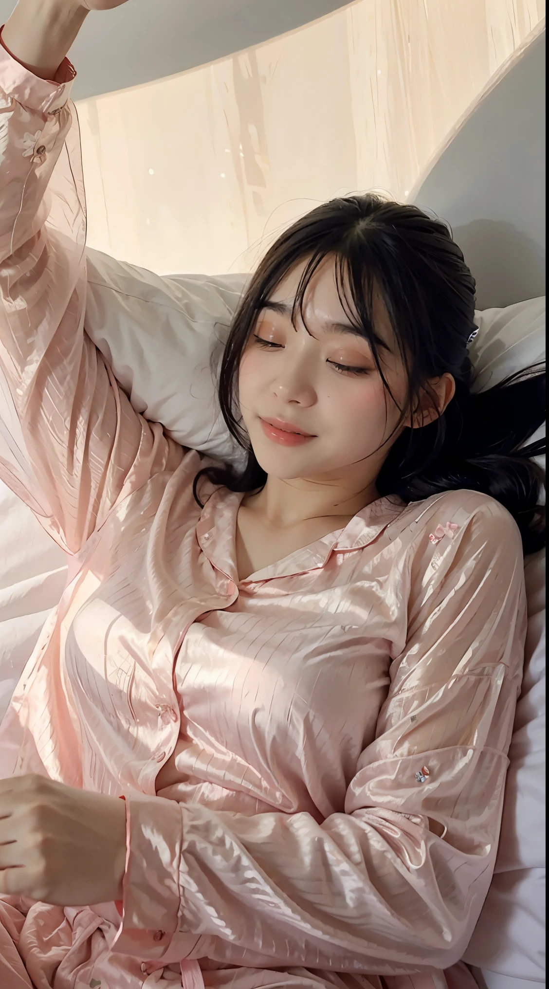 1girl in seethrough pajamas sleeping in a king bed