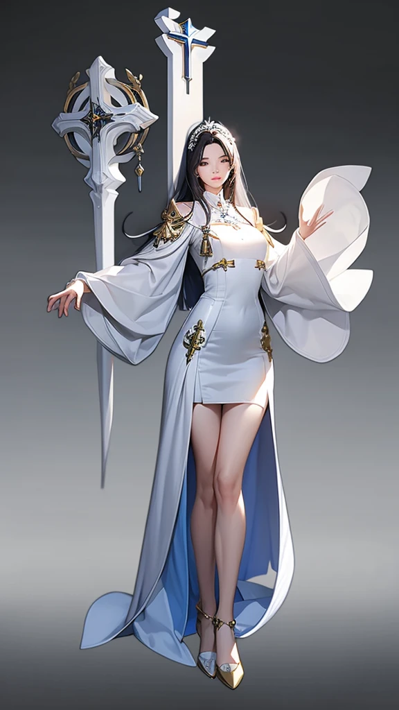 A woman，【Professional Saint】【Full body character，Standing picture，White long hair，，Korean game style，Holy Woman，】】】】】，Exquisite facial features，4K，Eye refinement，Slender legs，White background，Long legs，Clear line drawings，Hand movements，individual，Complete hand，Complete foot，Masterpiece，White Dress，Gold fittings，Metal Cross Necklace，pope，Cardigan Dress。 