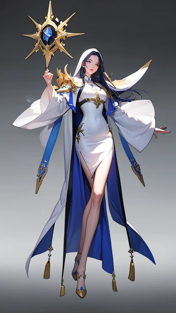 A woman，【Professional Saint】【Full body character，Standing picture，White long hair，，Korean game style，Holy Woman，】】】】】，Exquisite facial features，4K，Eye refinement，Slender legs，White background，Long legs，Clear line drawings，Hand movements，individual，Complete hand，Complete foot，Masterpiece，White Dress，Gold fittings，Metal Cross Necklace，pope，Cardigan Dress。 