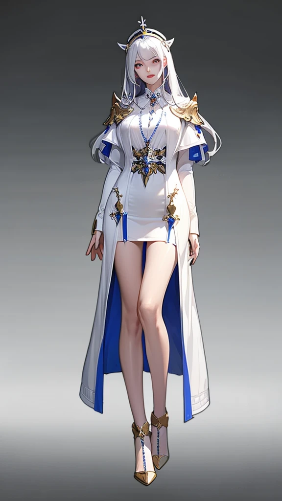 A woman，【Professional Saint】【Full body character，Standing picture，White long hair，，Korean game style，Holy Woman，】】】】】，Exquisite facial features，4K，Eye refinement，Slender legs，White background，Long legs，Clear line drawings，Hand movements，individual，Complete hand，Complete foot，Masterpiece，White Dress，Gold fittings，Metal Cross Necklace，pope，Cardigan Dress。 