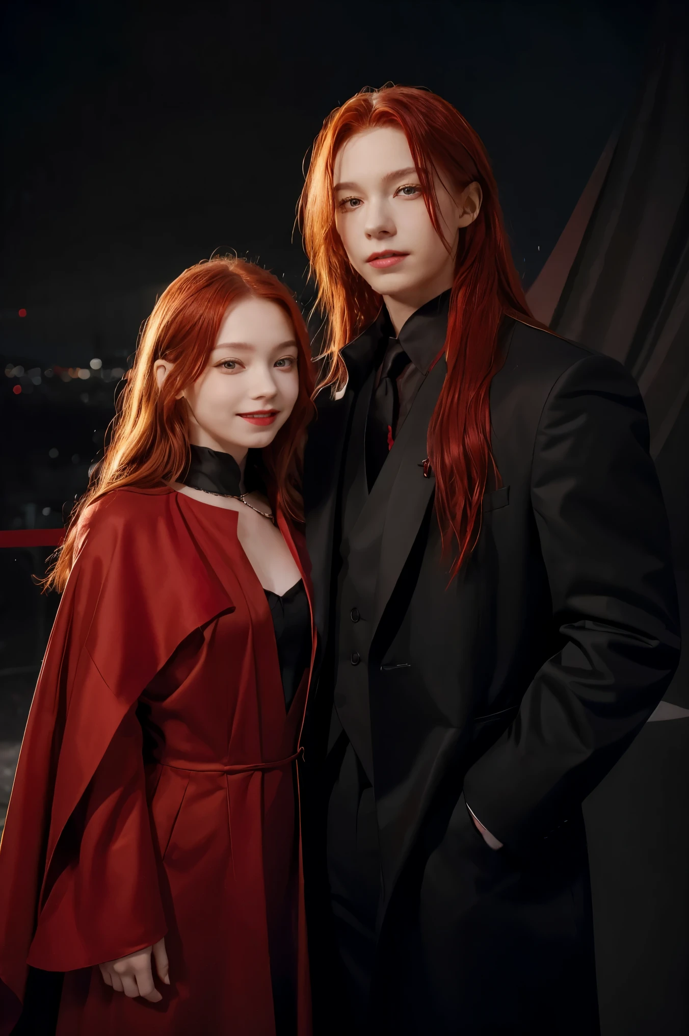 masterpiece, best quality, highres, 1girl, solo, modern vampire, red hair, long hair, open hair, red eyes, evil smile, 2 young boys on her both sides, both vampires with red hair, red and black outfit, scary background