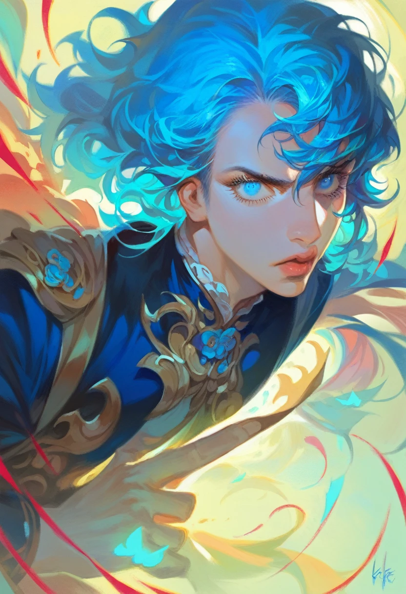 a detailed anime boy with long blue hair, beautifully detailed eyes, beautiful detailed lips, extremely detailed face, long eyelashes, messy blue hair, blue eyes, serious expression, dynamic pose, digital art, intricate details, cinematic lighting, vibrant colors, high quality, 8k, photorealistic, masterpiece