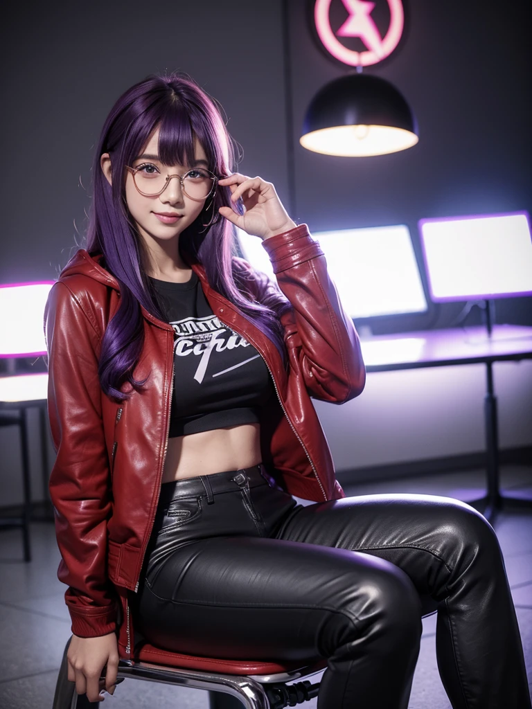 Best Quality,8k,middle School girls,Red Leather Jacket,Purple hair color,Wearing Date glasses,I'm grating my bangs,Straight Hair,perfectionにまっすぐな髪型,Smooth hair,colorful hair colors,blue eyes,Flashy hair,Cyberpunk Girl,Naughty Girls,model,Absurd,Wearing leather pants,Horny girl,Naughty Girls,masterpiece,perfection,hoodie,smile,Long Hair,Sitting in a chair,