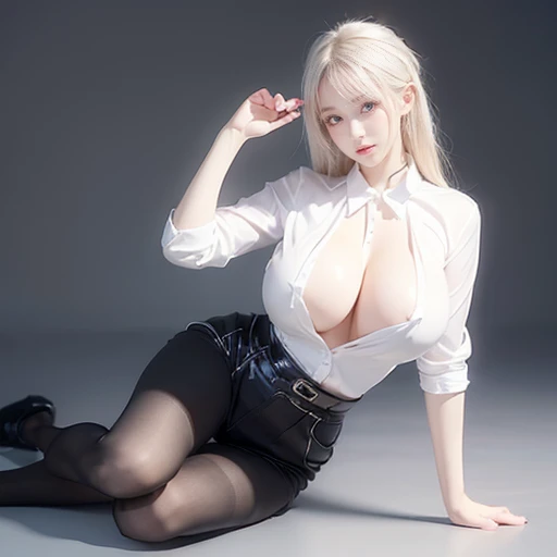 ((Highest quality))、((Very detailed))、(Huge breasts:1.6)、(Tight waist:1.4)、20-year-old、(Detailed eyes:1.3)、Beautiful body lines、(Random gravure idol poses)、Platinum Blonde Hair、Fuller lips、(Black buttoned shirt)、Black knee socks、Black see-through pants、Wide Hips
