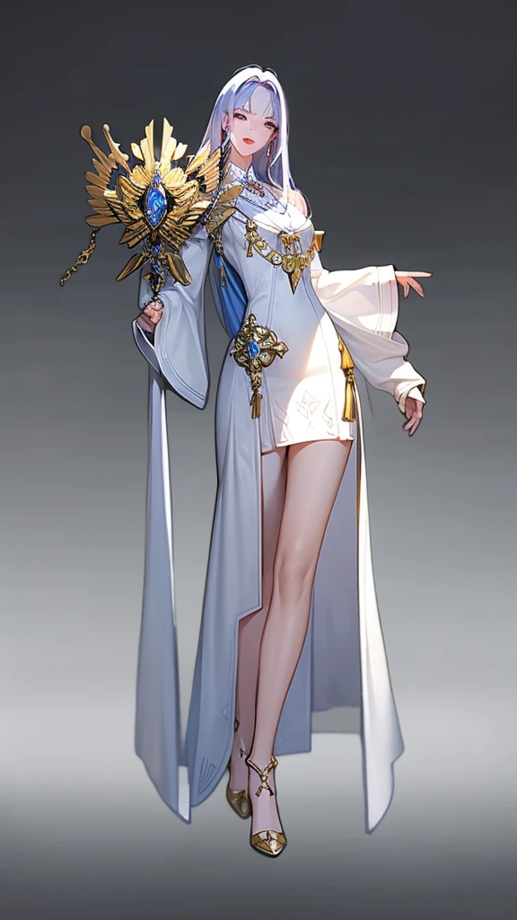 A woman，【Professional Saint】【Full body character，Standing picture，White long hair，，Korean game style，Holy Woman，】】】】】，Exquisite facial features，4K，Eye refinement，Slender legs，White background，Long legs，Clear line drawings，Hand movements，individual，Complete hand，Complete foot，Masterpiece，White Dress，Gold fittings，Metal Cross Necklace，pope，Cardigan Dress。 