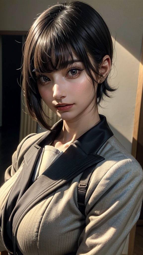 ((Beautiful Face:1.2)), (Purelos Face_v1: 1.0), Half Body,(Highest Resolution, clear_image) Highest quality, Single, One Woman, alone, masterpiece, Very detailed, (realistic), Black short hair, Black Hair, bangs, mature, ((JSDF uniform)), Indoor Background, kind, Authoritative, Powerful, Exquisite facial features, Exquisite facial features,((Natural big breasts:1.2))