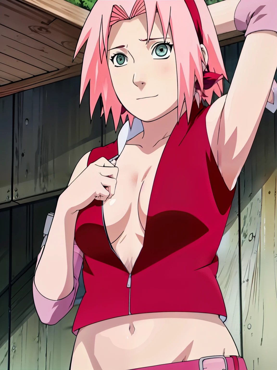 Sakura Haruno showing her armpit open blouse open zipper ripped blouse open shirt ripped shirt showing sexy chest and belly.