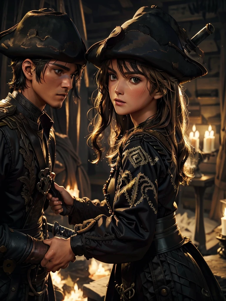 (masterpiece, Highest quality, 8k, light brown hair, eyepatch, from side, cinematic lighting, textured skin, best quality), Pirates 2, Facing each other, Our gazes intertwine, Face is close, 1boy1girl, ((Spit on, Two people holding swords:1.3, Two people clashing blades:1.3)), On board, In the storm, Heavy Rain, My face is wet, Water Drop