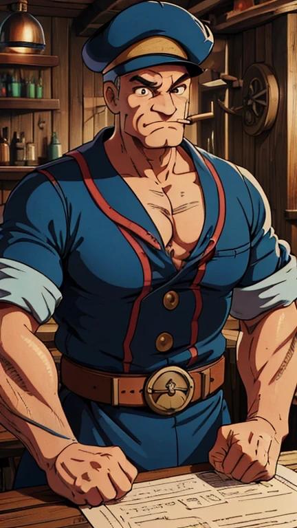 (1man, Popeye the sailor man), (extremely detailed CG unit 8k wallpaper),(master part), (best quality), (ultra detail), (best illustration),(ghibli style), cowboy shot, (Sharp eyeliner, ombre, detail eyes:1), dark tavern interiors background, ,break , (salvagepirateworld), upper body,