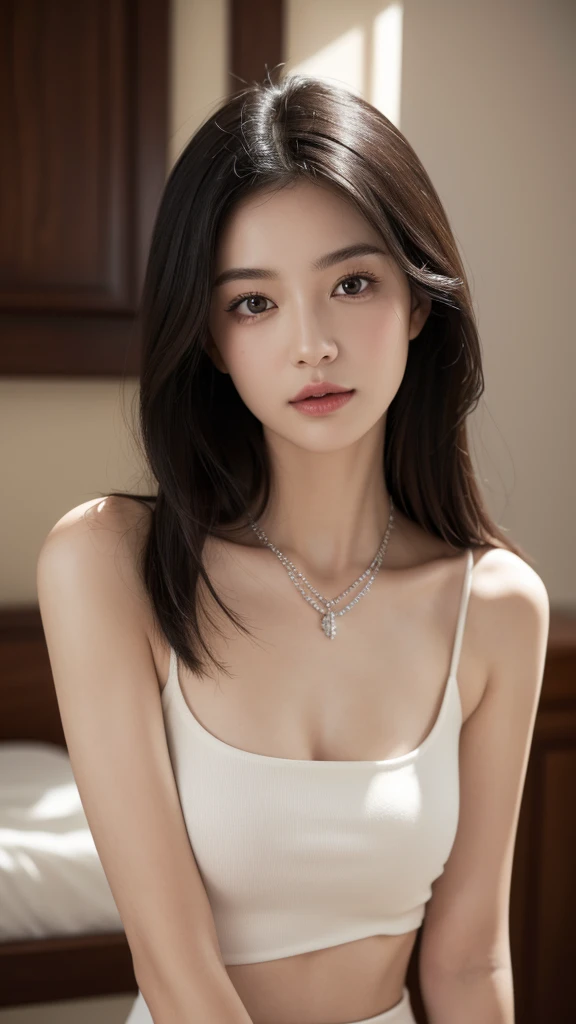 (realistic, photo-realistic:1.4), (masterpiece, best quality:1.2), RAW photo, high resolution, intricate details, extremely detailed, realistic and sharp details, cinematic lighting, portrait, (whole body,) midriff:1.5), frontal photography, solo, 1girl, a Japanese woman, dark hair, (detailed face, beautiful detailed eyes, sophisticated nose, early thirties), pale skin, collarbone, necklace, jewelry, (black cute innocent dress), photo background, indoors,
