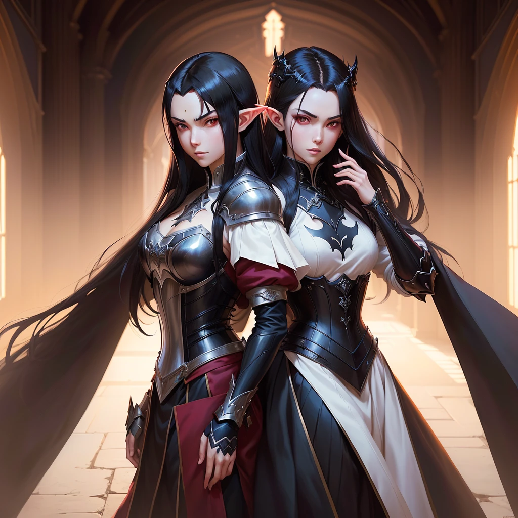 ( excellent quality ) 1boy, close up of a vampire in a royal courtyard, stern expression, crimson eyes, very long black hair, gray fur coat collar, black goatee, very pale skin, pointy ears, elf ears, ornate plate armor, malignant aura, dominating stance, long coat under the plate armor, thin tabard over chest, makoto shinkai, artgerm and atey ghailan, demon slayer art, krenz cushart and artgerm, makoto sinkai, casimir art, range murata and artgerm