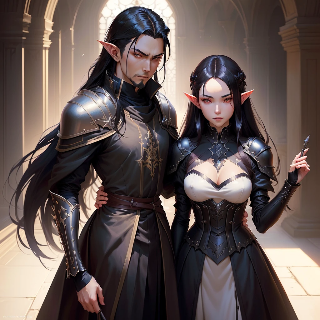 ( excellent quality ) 1boy, close up of a vampire in a royal courtyard, stern expression, crimson eyes, very long black hair, gray fur coat collar, black goatee, very pale skin, pointy ears, elf ears, ornate plate armor, malignant aura, dominating stance, long coat under the plate armor, thin tabard over chest, makoto shinkai, artgerm and atey ghailan, demon slayer art, krenz cushart and artgerm, makoto sinkai, casimir art, range murata and artgerm