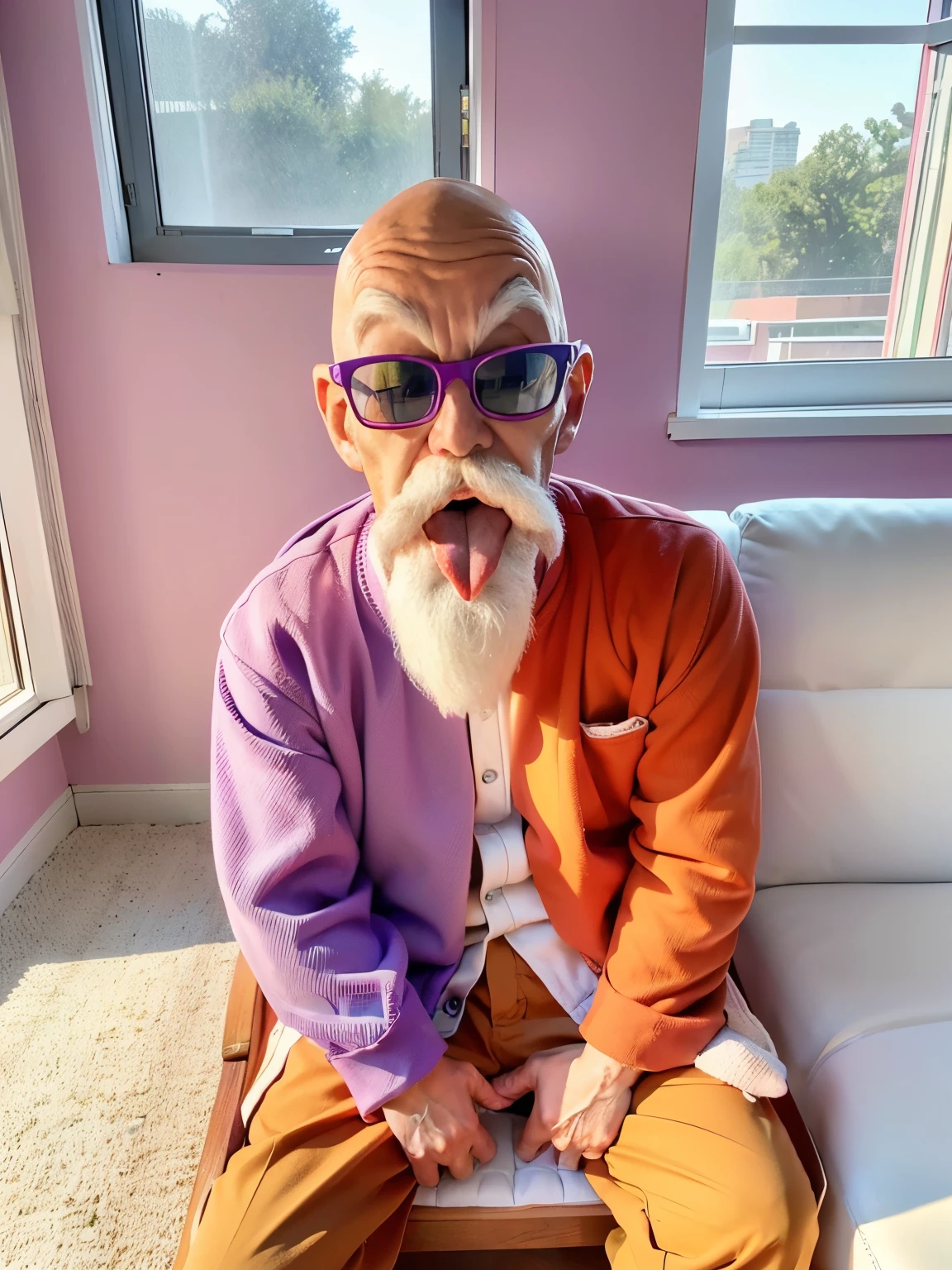 (masterpiece:1.2, best quality:1.2), ((1old man)), professional lightings, cinematic lightings, 8k wallpaper, ultra realistic portrait of Roshi, dragonball, Muten Roshi_dbz, ((indoors, living room, visible oceans via window, house plant, wooden floor, low couch, white carpet, TV, pink painted wall)), Chinese clothe under jacket, blue pants, bald, old man, white beard, ((wearing realistic & detailed sunglasses)), (backpack with purple turtle shell), mustache, full body, red-framed sunglasses, orange jacket, sitting on low couch, ((ultra realistic tongue out, ultra detailed tongue out)), front view, 