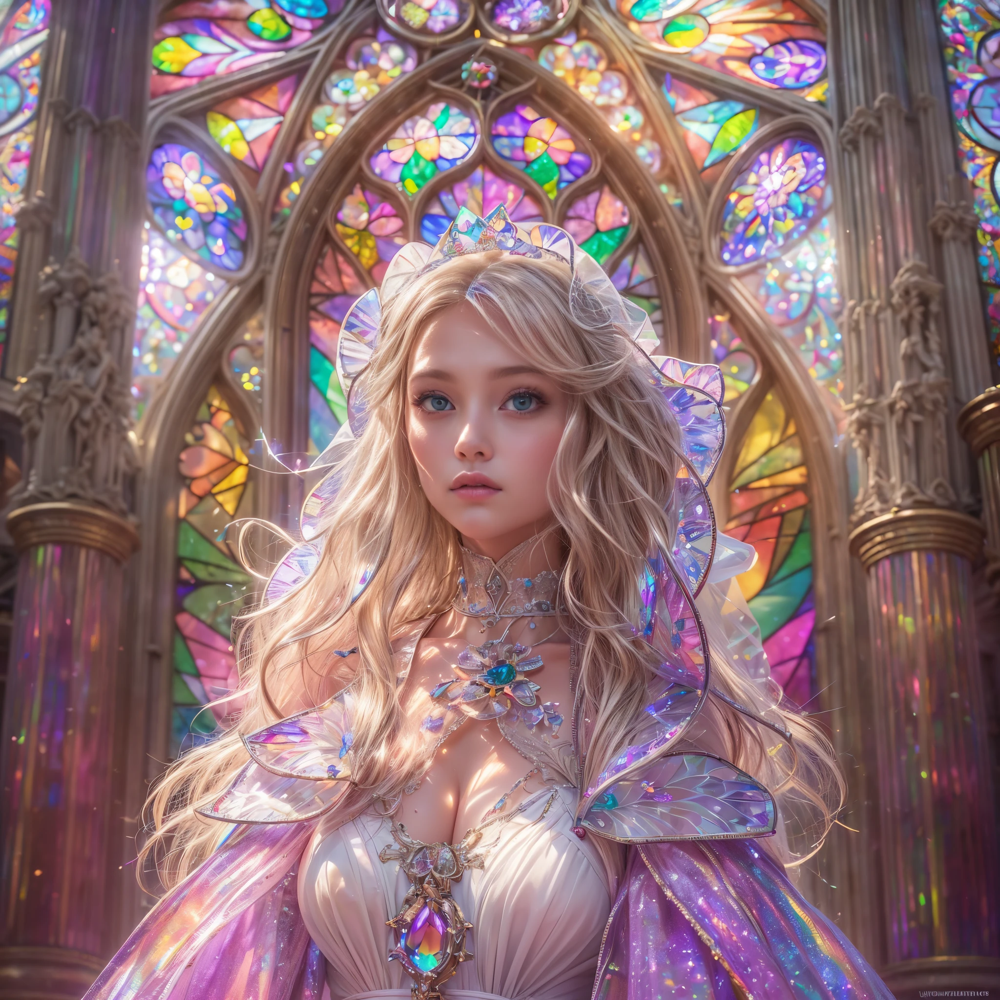  (Cathedral from below:1.28) (ZoomLayer) TopQuality 8K masterpiece of ((Professional photo)), (((Clarisse de Cagliostro))) (Detailed White WeddingDresses), Chain, (((Extremely detailed KAWAII face))) {((VeiledFace))|BlondeHair|(Elaborate BuleEyes)with(SparklingHighlights:1.28)}, The background is distant (((Elaborate stained glass))) Rainbow Glass, {(MysticSight)|EnchantingAtmosphere|Haze|(GodRays)|TyndallEffect}, Radiant PearlSkin with Transparency, (Exposed:0.39)