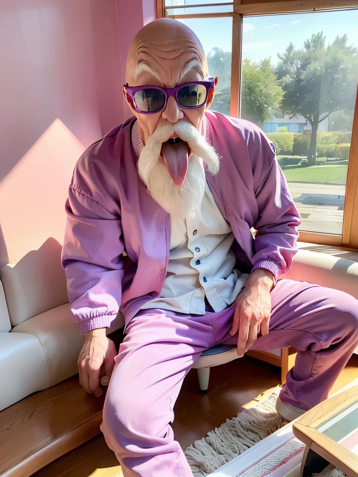 (masterpiece:1.2, best quality:1.2), ((1old man)), professional lightings, cinematic lightings, 8k wallpaper, ultra realistic portrait of Roshi, dragonball, Muten Roshi_dbz, ((indoors, living room, visible pals tree & beautiful oceans via window:1.3, house plant, wooden floor, low couch, white carpet, TV, pink painted wall)), ((chinese clothes)), bald, old man, white beard, ((wearing realistic & detailed sunglasses)), (backpack with purple turtle shell), mustache, full body, red-framed sunglasses, orange jacket, ((under naked, no pants, no underwear, huge erection penis)), sitting on low couch, ((((he grabs his own erection penis by himself, ultra realistic behavior of male masturbation)))),