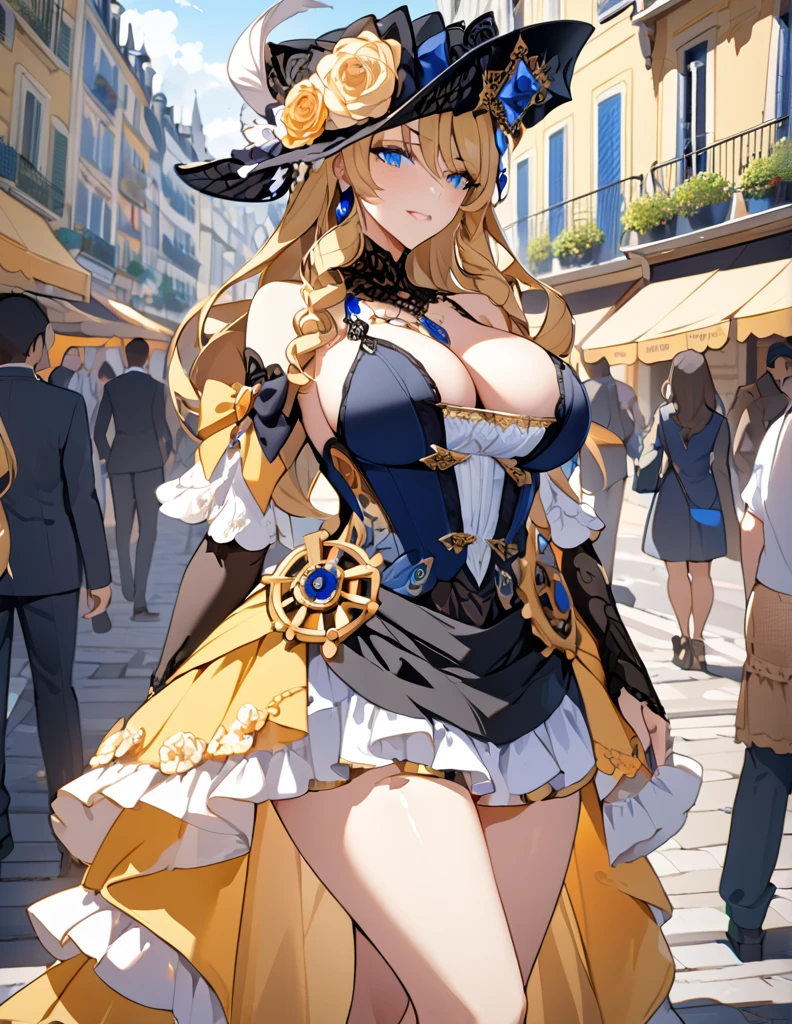 A beautiful 28-year-old woman, Navia, wearing sexy lingerie, stands in a crowded French city, hyper detailed huge breasts and ultra detailed features rendered in the best quality, 4K masterpiece.