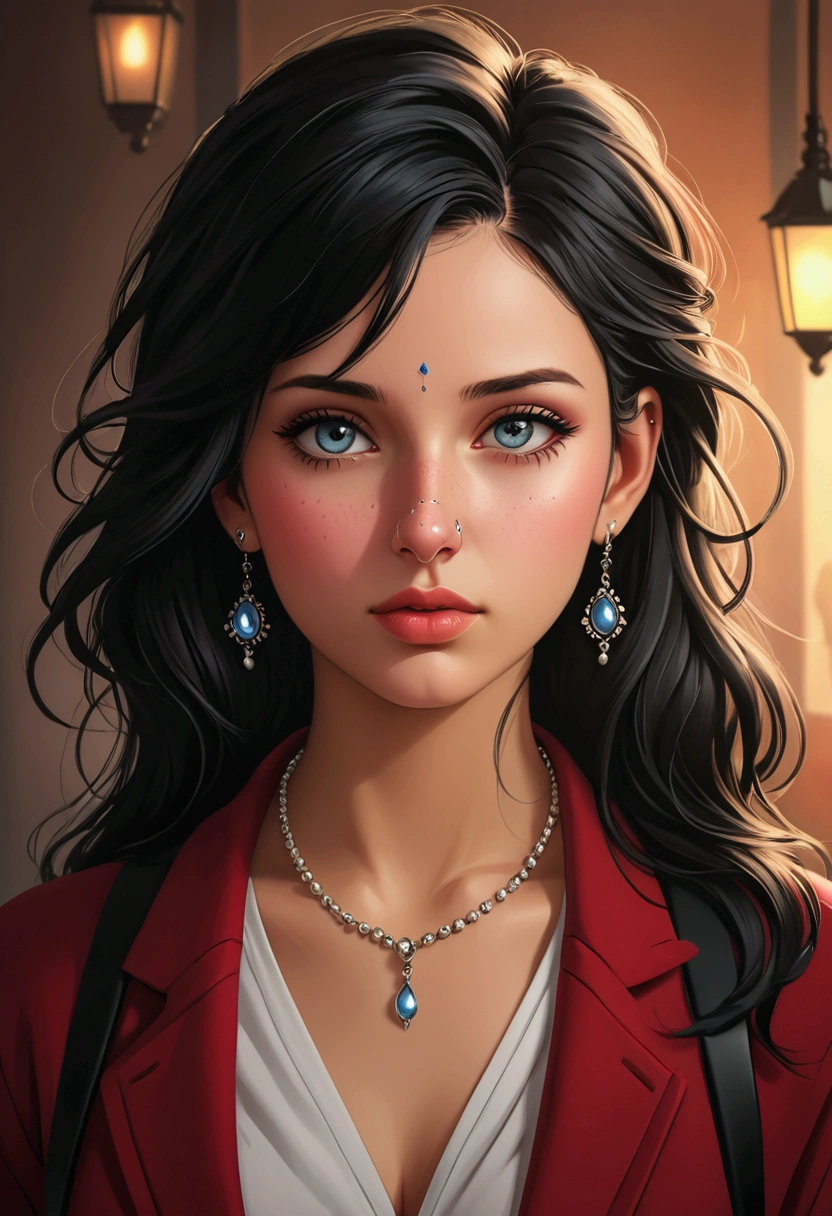 description notebook of a hyperrealistic female character, beautiful extremely pretty woman with nose piercing