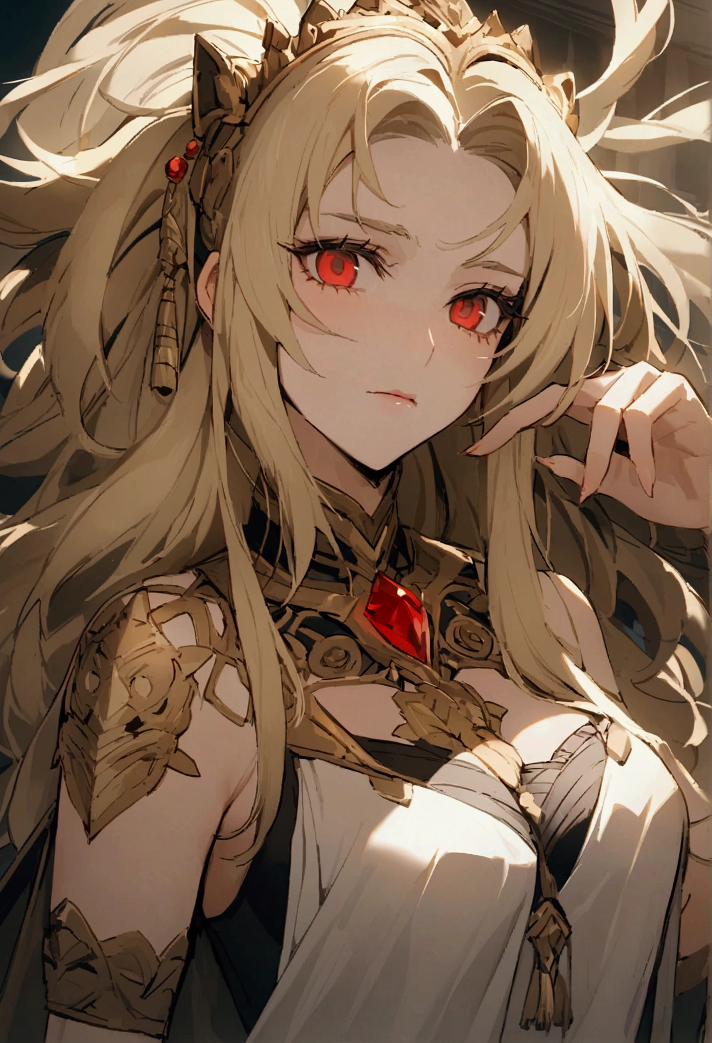 (Huang Li、high quality、Extremely detailed),Constellation - Goddess Leo,Giant lion,Woman petting a lion,Similar to Latin goodness,brave,capricious,Productivity,The face of enterprising and humanitarianism,Blonde Hair,Ancient Greek costumes、Wrap Dress,The background is the universe,Crystal red eyes(Eyes Details),Powerful appearance