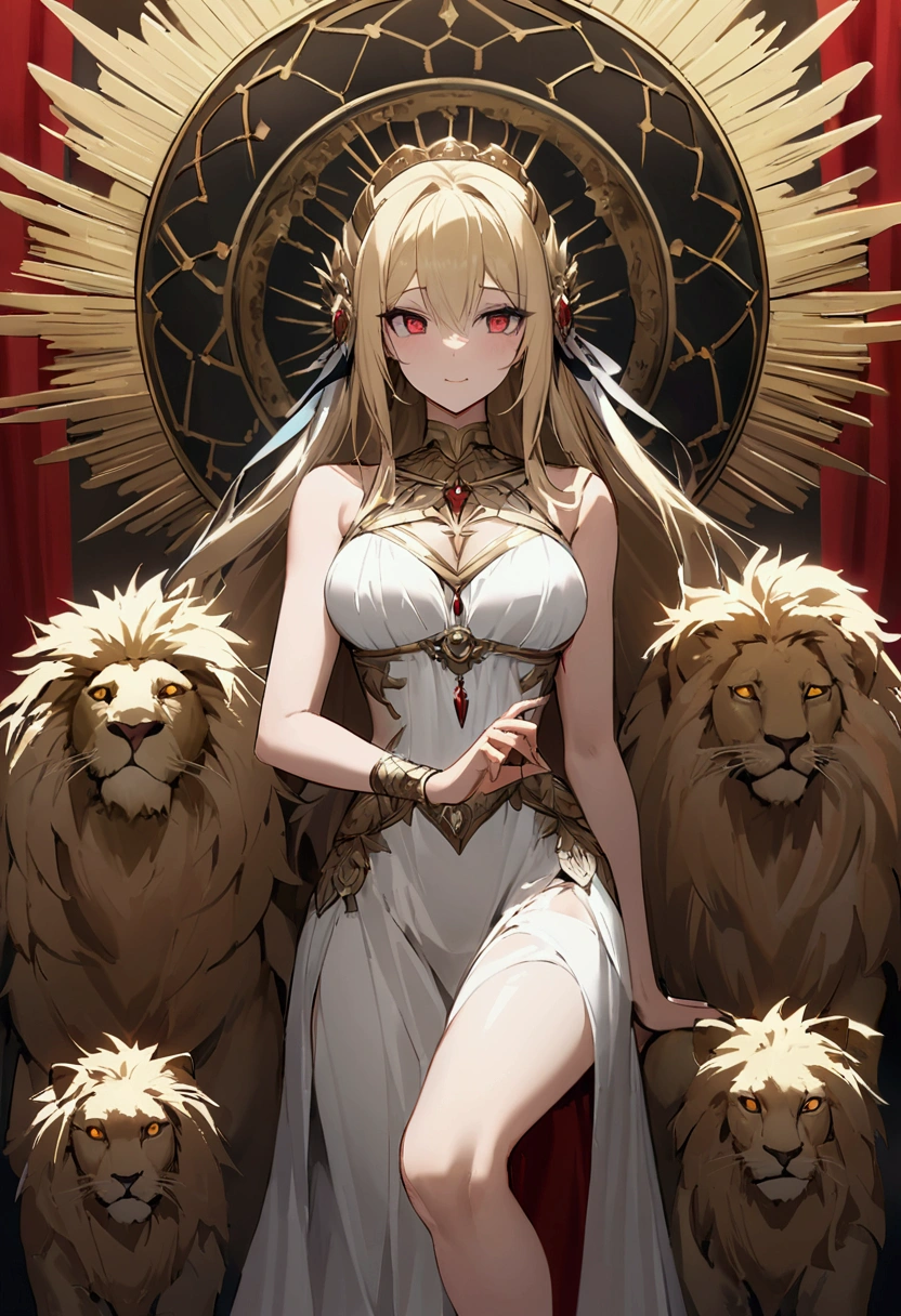 (Huang Li、high quality、Extremely detailed),Constellation - Goddess Leo,Giant lion,Woman petting a lion,Similar to Latin goodness,brave,capricious,Productivity,The face of enterprising and humanitarianism,Blonde Hair,Ancient Greek costumes、Wrap Dress,The background is the universe,Crystal red eyes(Eyes Details),Powerful appearance