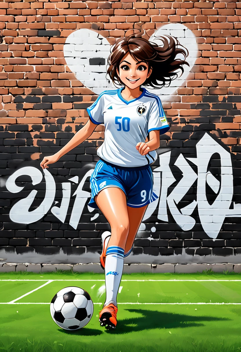 graffiti, pastel, graffiti on brick wall, spray paint on wall, color graffiti, street art, score_9, score_8_up, score_7_up, score_6_up, score_5_up, score_4_up, original anime, action shot, play soccer, motion lines, 1girl, soccer ball, sportswear, soccer uniform, full body, happy, line drawing, action effect, hotel transylvania, thin waist, skinny, grass field background