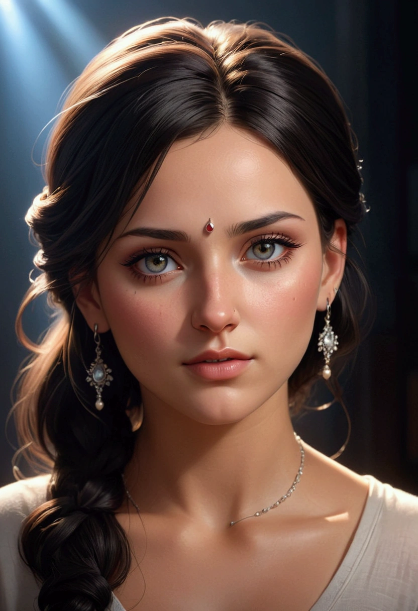 description notebook of a hyperrealistic female character, beautiful extremely pretty woman with nose piercing