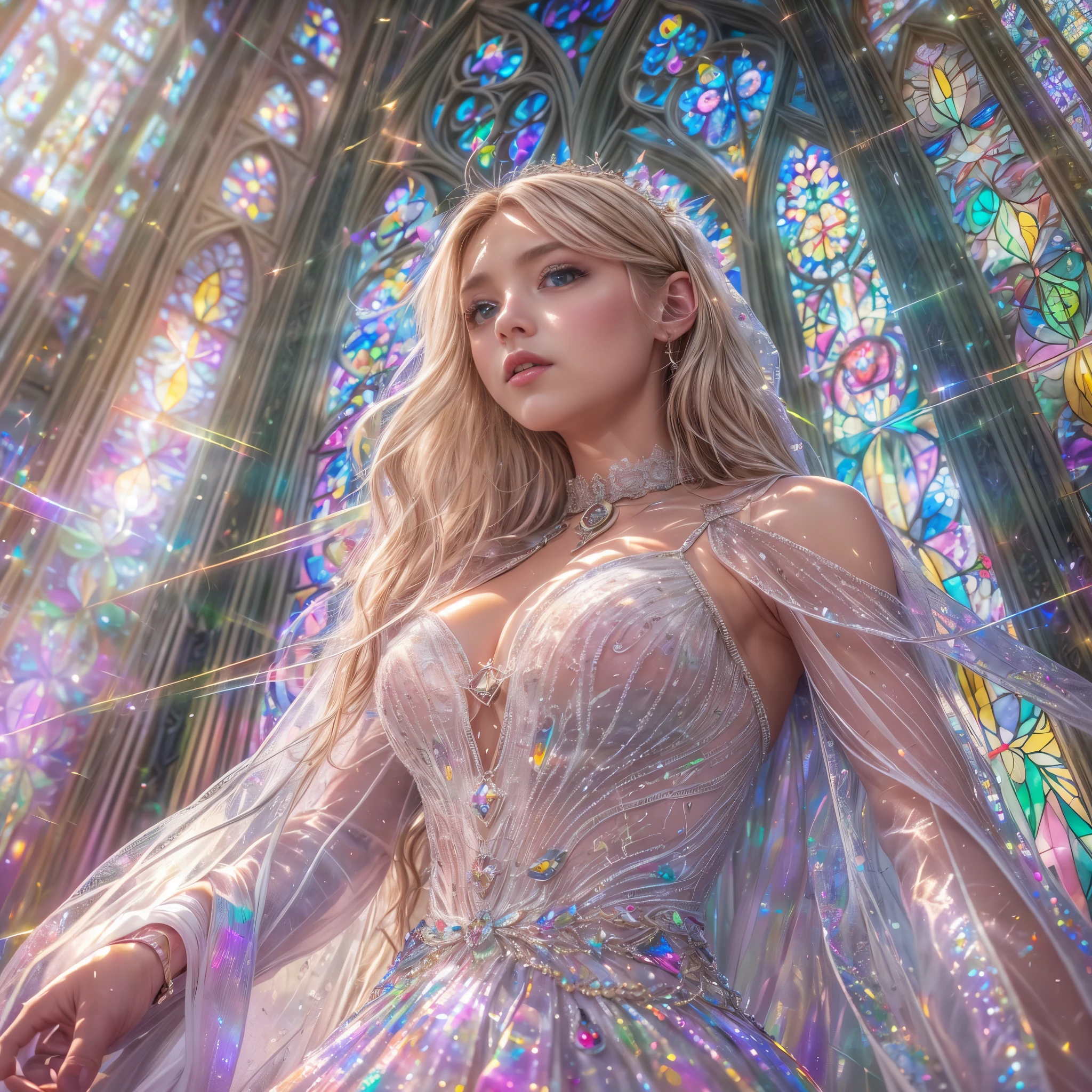 (Cathedral from below:1.28) (ZoomLayer) TopQuality 8K masterpiece of ((Professional photo)), (((Clarisse de Cagliostro))) (Detailed White WeddingDresses), Chain, (((Extremely detailed KAWAII face))) {((VeiledFace))|BlondeHair|(Elaborate BuleEyes)with(SparklingHighlights:1.28)}, The background is distant (((Elaborate stained glass))) Rainbow Glass, {(MysticSight)|EnchantingAtmosphere|Haze|(GodRays)|TyndallEffect}, Radiant PearlSkin with Transparency, (Exposed:0.39)