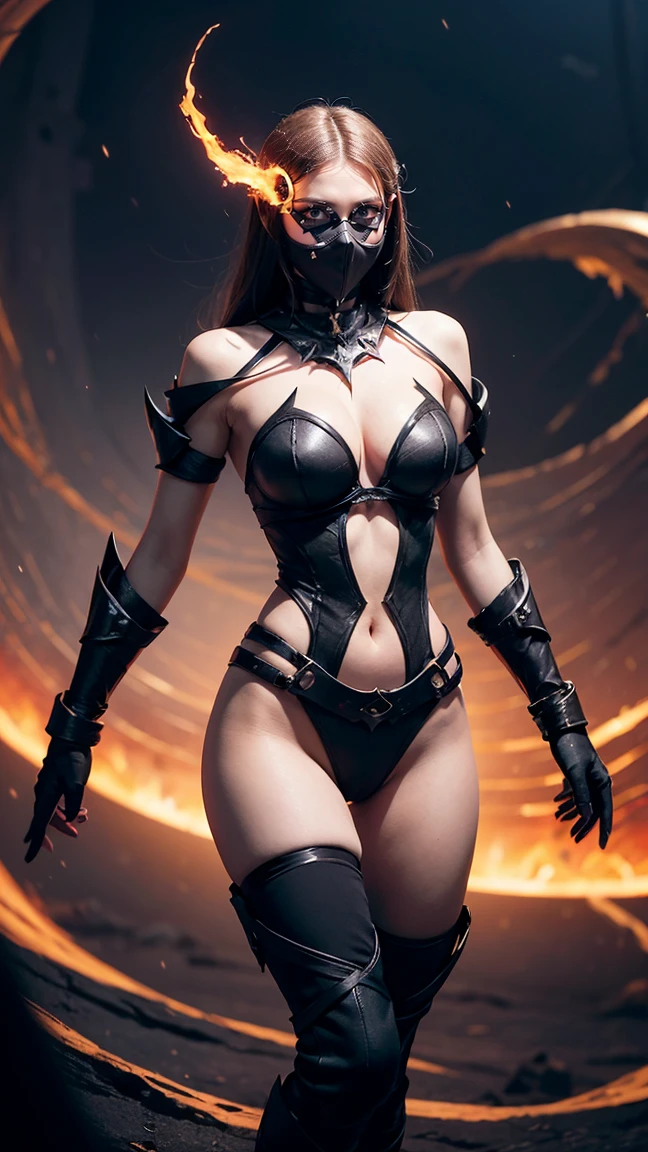 "Create an image of Bane (Atropos) from DOTA game in her Void attire, no having her clothes,with void-infused armor and swirling, dark energy, have massive k-cups, in a dimension of swirling void energy and floating islands."

