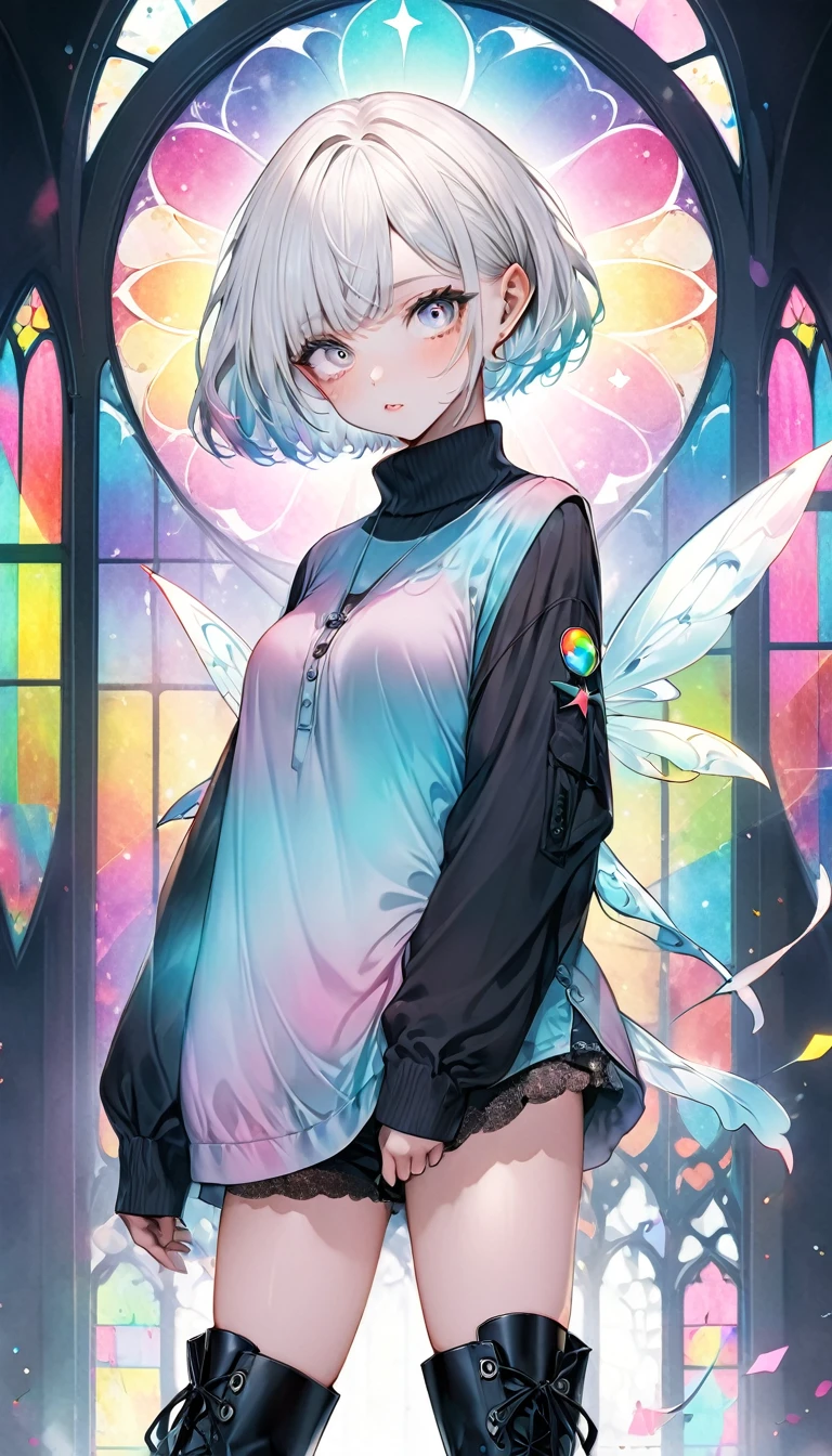 beautiful woman, white pixie cut, (big round eyes, star-shaped pupils), amorous and lewd face, cool and sadistic, looking down with a cold gaze, makeup, great proportion, wearing cute baggy loose shirt, frilly shorts, heavy engineer boots, standing with her legs together in an embarrassing pose, background pastel color palette, large pastel stained glass,shading effects, gradation magic effects, foggy filter effects, glitter effects, cute effects, lovely effects, (ultra detailed, absolutely resolution, best quality:1.3), 2.5D, delicate and dynamic, artistic photography, hyper realistic, graphic CG digital art
