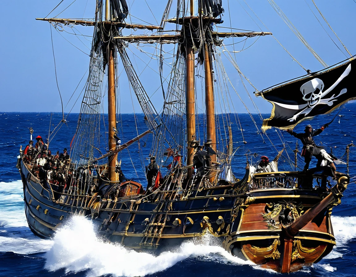 Au crépuscule, (deux bateaux côte-à-côte), un bateau pirate et un navire de guerre français, navires côte-à-côte en ligne de bataille, bateau pirate et bateau français à l'abordage dans une bataille épique, tirant des canons les uns sur les autres, coups de canon visibles, pirates sur des cordes partant à l'abordage, feu, les voiles se déchirent, explosion, beaucoup de destruction, aventureux, détaillé, Historique.