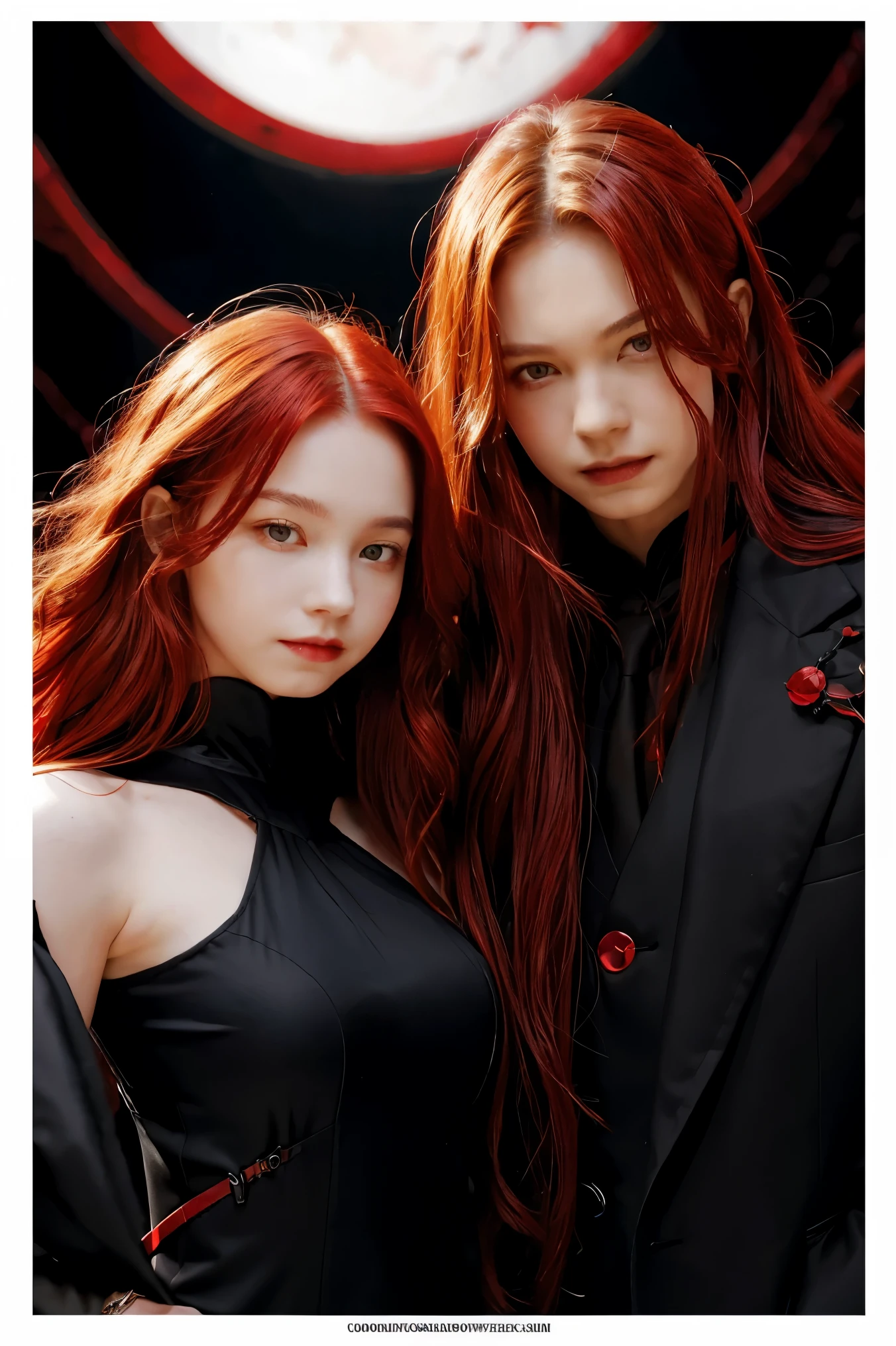 masterpiece, best quality, highres, 1girl, solo, modern vampire, red hair, long hair, open hair, red eyes, evil smile, 2 young boys on her both sides, both vampires with red hair, red and black outfit, scary background