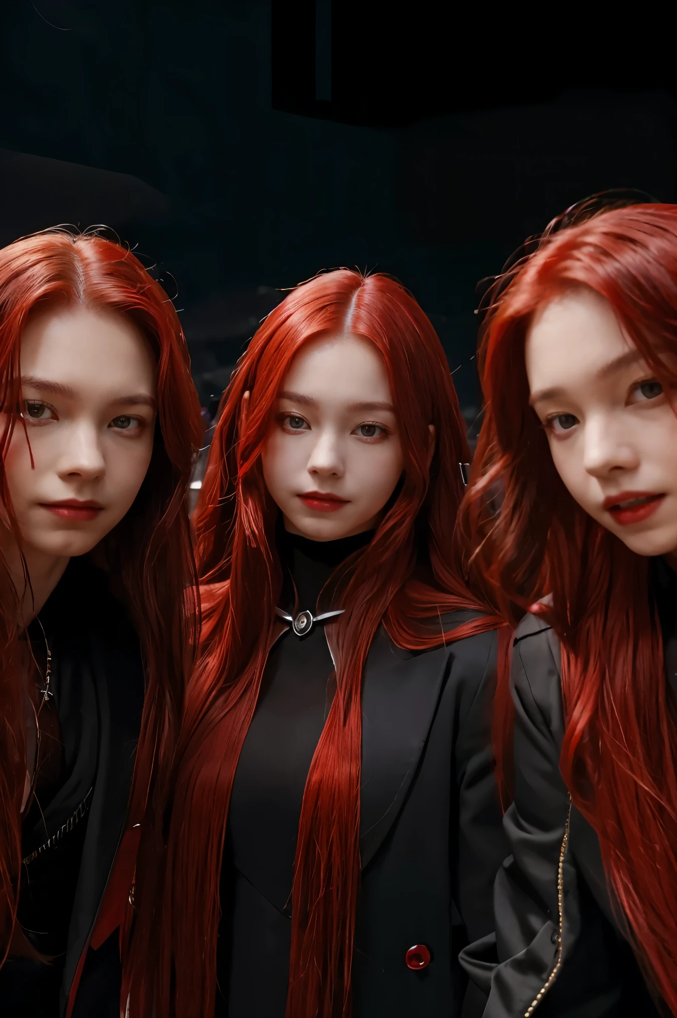 masterpiece, best quality, highres, 1girl, solo, modern vampire, red hair, long hair, open hair, red eyes, evil smile, 2 young boys on her both sides, both vampires with red hair, red and black outfit, scary background