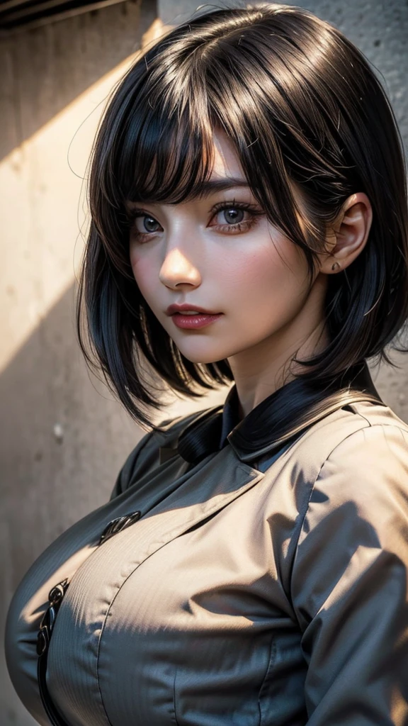 ((Beautiful Face:1.2)), (Purelos Face_v1: 1.0), Half Body,(Highest Resolution, clear_image) Highest quality, Single, One Woman, alone, masterpiece, Very detailed, (realistic), Black short hair, Black Hair, bangs, mature, ((JSDF uniform)), Indoor Background, kind, Authoritative, Powerful, Exquisite facial features, Exquisite facial features,((Natural big breasts:1.2))