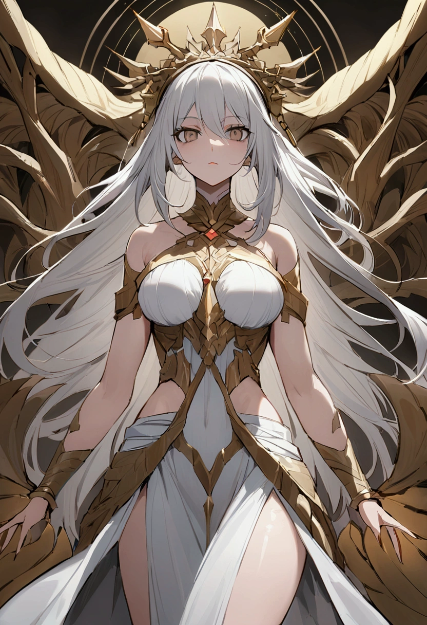 (Huang Li、high quality、Extremely detailed),Constellation - Libra goddess,Huge scales,Woman holding a scale,Similar to Latin goodness,brave,capricious,Productivity,The face of enterprising and humanitarianism,White hair,Ancient Greek costumes、Wrap Dress,The background is the universe,Crystal brown eyes(Eyes Details),Powerful appearance