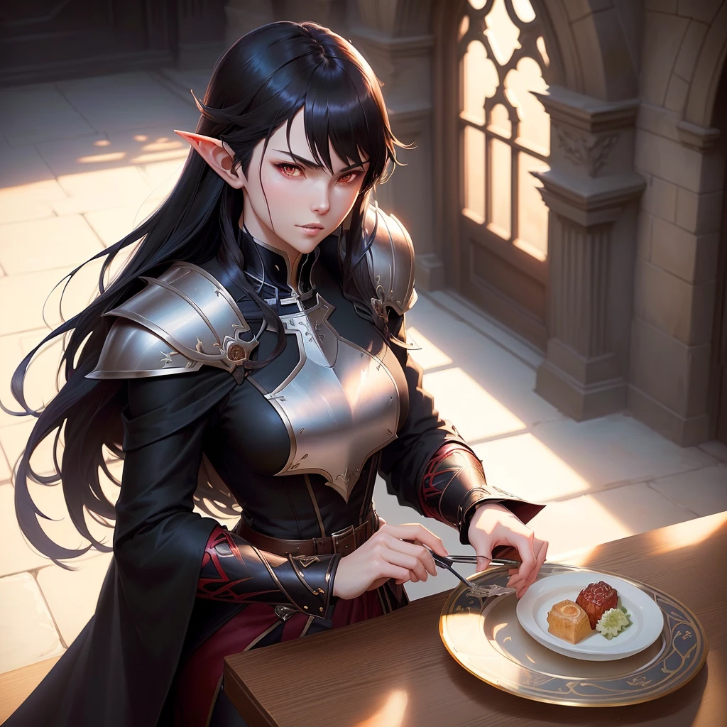 ( excellent quality ) 1boy, close up of a vampire in a royal courtyard, stern expression, strong build, crimson eyes, very long black hair, gray fur coat collar, black goatee, very pale skin, pointy ears, elf ears, ornate plate armor, malignant aura, dominating stance, long coat under the plate armor, thin tabard over chest, makoto shinkai, artgerm and atey ghailan, demon slayer art, krenz cushart and artgerm, makoto sinkai, casimir art, range murata and artgerm