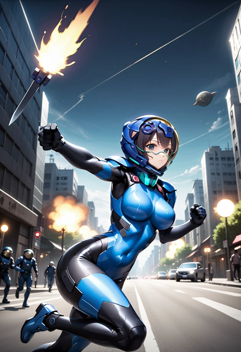 short hair, street, emo, BLACK hair, white eyes, eyeliner, apocalypse, (holding sword), astronaut, fighting stance, girl, running, road, city, fortified suit, ((blue:1.5) plugsuit), short hair, outdoors, cinematic light, medium breasts, covered navel, space helmet, muvluv, space helm, eva helmet,[[[[