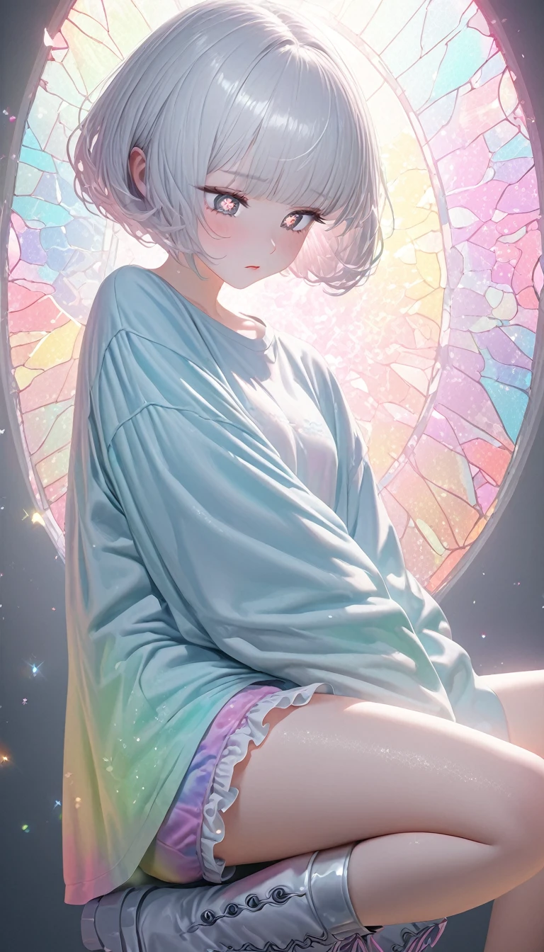 beautiful woman, white pixie cut, (big round eyes, star-shaped pupils), amorous and lewd face, cool and sadistic, looking down with a cold gaze, makeup, great proportion, wearing cute baggy loose shirt, frilly shorts, heavy engineer boots, standing with her legs together in an embarrassing pose, background pastel color palette, large pastel stained glass,shading effects, gradation magic effects, foggy filter effects, glitter effects, cute effects, lovely effects, (ultra detailed, absolutely resolution, best quality:1.3), 2.5D, delicate and dynamic, artistic photography, hyper realistic, graphic CG digital art