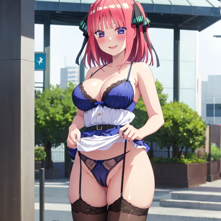 best quality, insanely detailed, nino nakano, breasts, blush, public background, bare-shoulder, a ribbon, stockings, pussy, smile, blue lingerie garterbelt, cheerful eye, nsfw, Taut Underwear