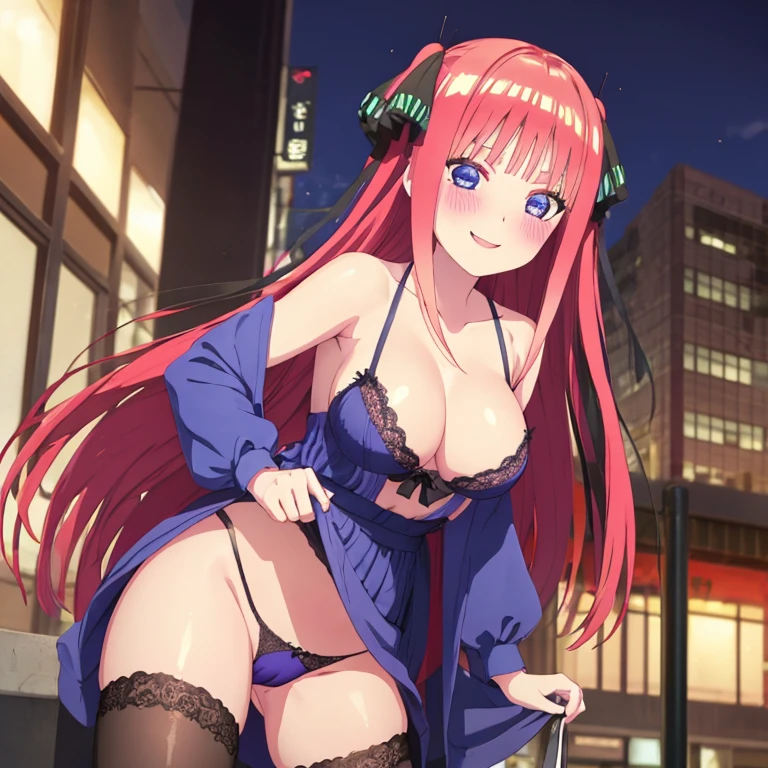 best quality, insanely detailed, nino nakano, breasts, blush, public background, bare-shoulder, a ribbon, stockings, pussy, smile, blue lingerie garterbelt, cheerful eye, nsfw, Taut Underwear