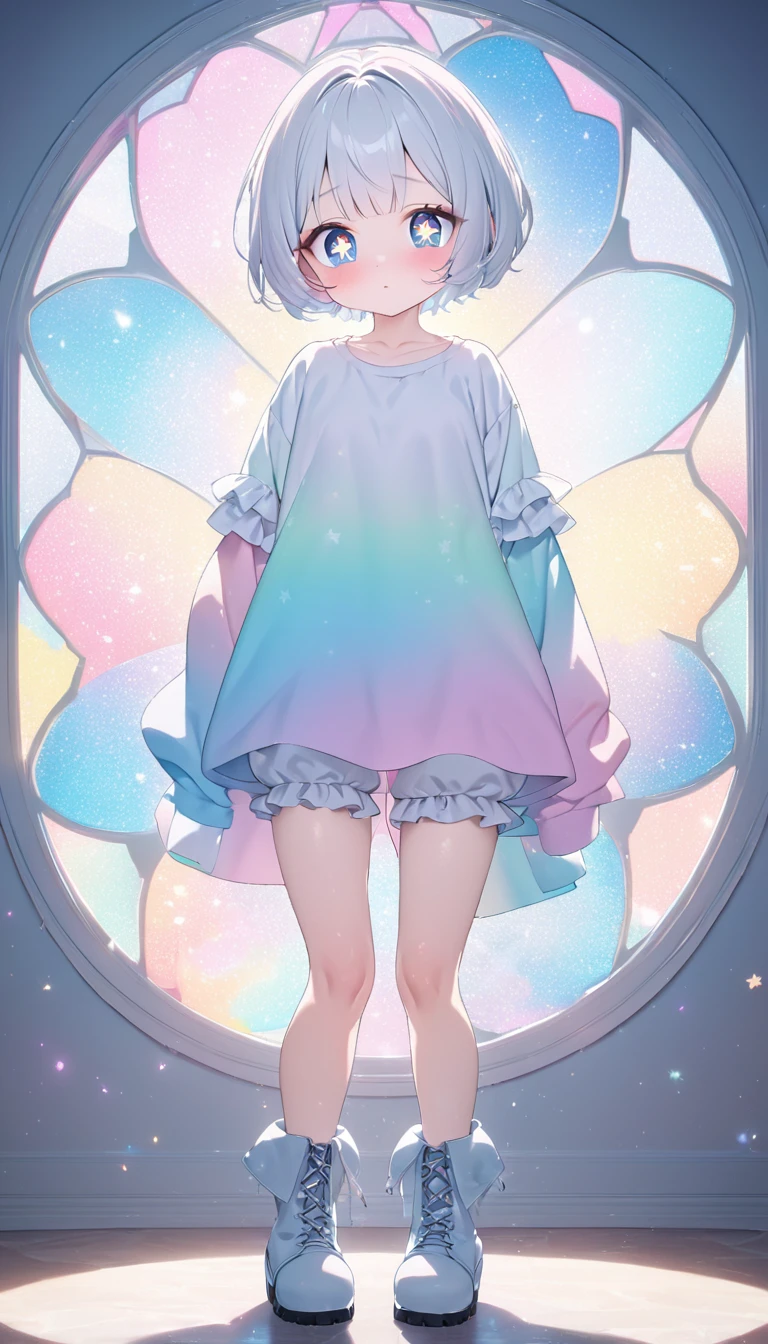 beautiful woman, white pixie cut, (big round eyes, star-shaped pupils), amorous and lewd face, cool and sadistic, looking down with a cold gaze, makeup, great proportion, wearing cute baggy loose shirt, frilly shorts, heavy engineer boots, standing with her legs together in an embarrassing pose, background pastel color palette, large pastel stained glass,shading effects, gradation magic effects, foggy filter effects, glitter effects, cute effects, lovely effects, (ultra detailed, absolutely resolution, best quality:1.3), 2.5D, delicate and dynamic, artistic photography, hyper realistic, graphic CG digital art