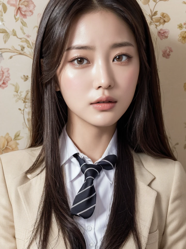 (Surrealism), (illustration), (high resolution), (8k), (Extremely detailed), (best illustration), (Beautiful and delicate eyes), (best quality), (Ultra Detailed), (masterpiece), (wallpaper), (Delicate face), Solitary, 1 girl, Black curly hair, Korean, A woman in a suit and tie poses for a photo, Nam Jae-yeon, Shin Jin Hye, Twice&#39;s Tzuyu, Lee Ji-eun, Lee Ji-eun, yanjun chengt, Huang Shiwen, Portrait of a Korean female idol, Kim Do-young, Cui Xianhua, Inspired by Kim Jong-hee