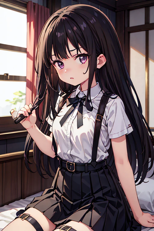 Flat Color、Depth of written boundary、Lens Flare 1 Girl、、Brown Hair、Staring at the audience Black suspenders bulging big breasts wall: Black mini skirt garter sight Small face Bans belt Beautiful woman Show your hand Lying in bed Sideways glance Long black hair