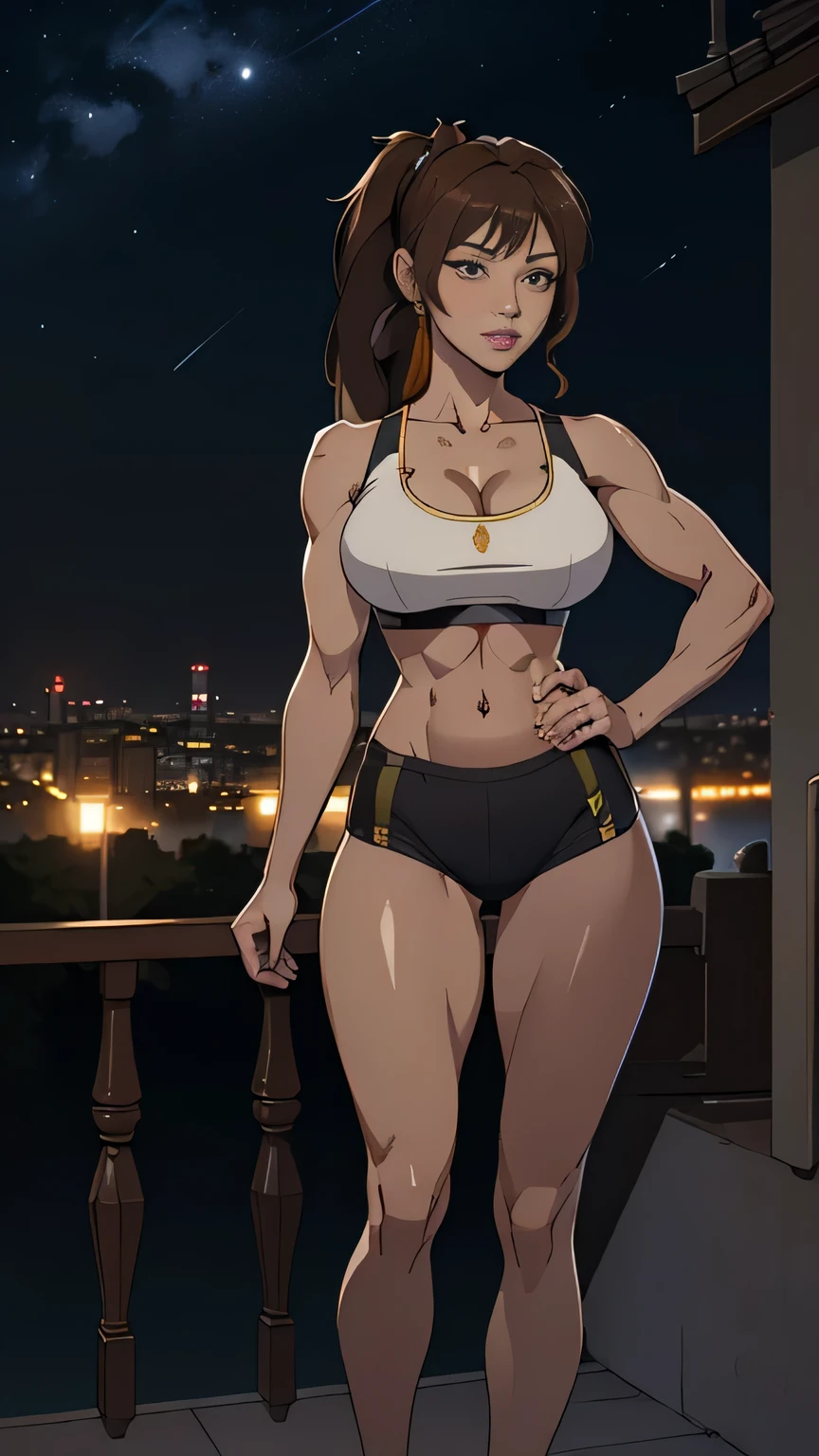 realistic, masterpiece, ray tracing, ponytail, bikini, tight clothing, sleeveless, huge breasts, nipple, nipple visible through bra, cleavage, red lipstick, black hair, blue eyes, wide hips, thick thighs, muscles, abs, action pose, pretty face, on top of hill, sitting down, watching sunset, stars, night sky