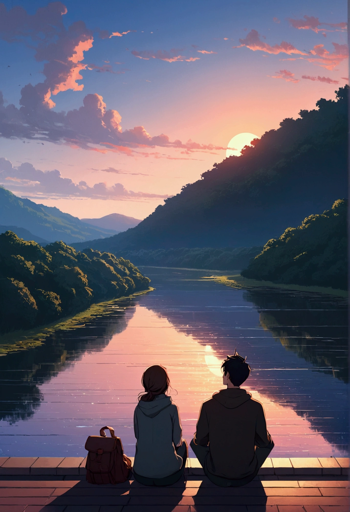 Couple sitting by the river looking at the sky, Digital Art by Alena Aenami, tumbler, Digital Art, Lo-fi art style, 4KAnime Wallpaper, Sit on the roof, Anime Wallpaper4k, Anime Wallpaper 4k, Anime Aesthetics, anime art wallpaper 4k, Lo-fi feeling, anime art wallpaper 4k, Anime Wallpaper