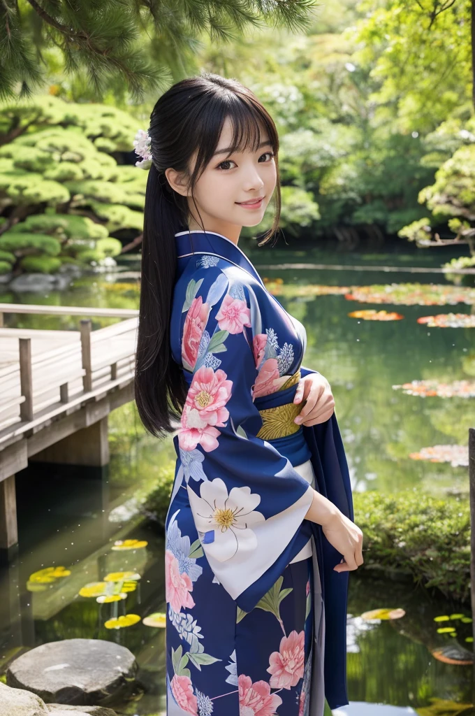 masterpiece、1 beautiful girl、Detailed eyes、Puffy eyes、Highest quality, 超High resolution, (Reality: 1.4), Cinema Lighting、Japanese、Asian Beauty、Super Beauty、Beautiful Skin、Slender、Body facing forward、(Surreal)、(High resolution)、(8k)、(Very detailed)、(Beautiful and detailed eyes)、(Ultra-detailed)、Detailed face、Bright lighting、Professional Lighting、(The costume is a kimono)、Long Hair, My hair is messy, (Japanese-style garden with a pond)、Black Hair、Japanese Idols、Age 21、expensive, smile,Double teeth、(((Turn your body forward)))、Show your whole body、Standing in front of a pine tree、View the pond