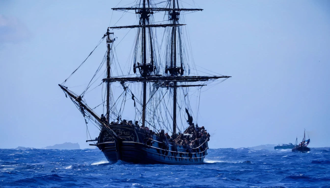 Au crépuscule, (deux bateaux côte-à-côte), un bateau pirate et un navire de guerre français, navires côte-à-côte en ligne de bataille, bateau pirate et bateau français à l'abordage dans une bataille épique, tirant des canons les uns sur les autres, coups de canon visibles, pirates sur des cordes partant à l'abordage de l'autre bateau, feu, les voiles se déchirent, explosion, beaucoup de destruction, aventureux, détaillé, Historique.