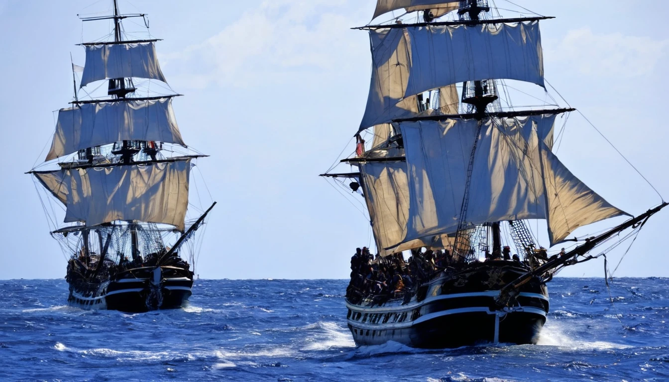 Au crépuscule, (deux bateaux côte-à-côte), un bateau pirate et un navire de guerre français, navires côte-à-côte en ligne de bataille, bateau pirate et bateau français à l'abordage  dans une bataille épique, tirant des canons les uns sur les autres, coups de canon visibles, pirates sur des cordes partant à l'abordage, feu, les voiles se déchirent, explosion, beaucoup de destruction, aventureux, détaillé, Historique.