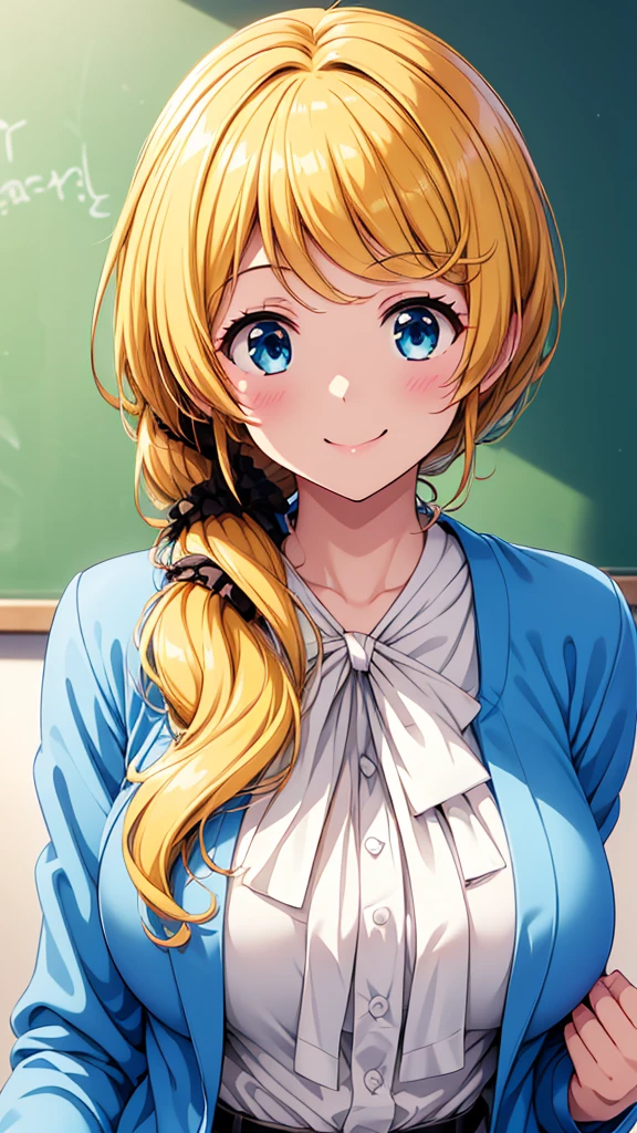 High resolution、High resolution、high quality、masterpiece、1 female、Ellen Baker、School teacher、blonde、blue eyes、Wearing a suit、Pink Lip Gloss、School classroom、With text、blackboard、smile、((Depiction of only the upper body))、((Close-up of a woman))