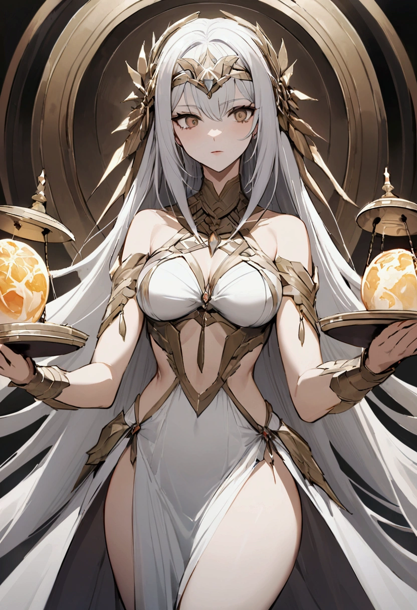 (Huang Li、high quality、Extremely detailed),Constellation - Libra goddess,Huge scales,Woman holding a scale,Similar to Latin goodness,brave,capricious,Productivity,The face of enterprising and humanitarianism,White hair,Ancient Greek costumes、Wrap Dress,The background is the universe,Crystal brown eyes(Eyes Details),Powerful appearance