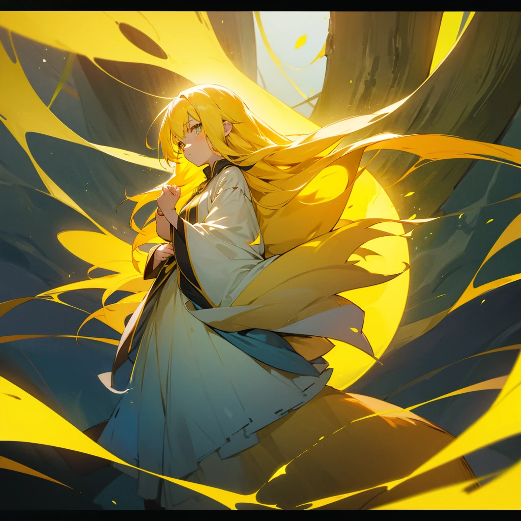 Anime girl with yellow hair as a mage that is young1girl, Long Hair, looking at a tree that is glowing with yellow aura and the tree is tall