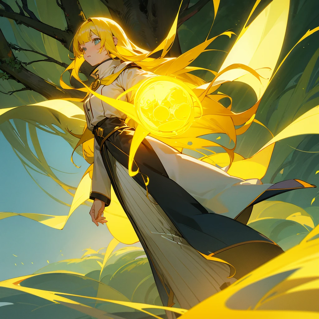 Anime girl with yellow hair as a mage that is young1girl, Long Hair, looking at a tree that is glowing with yellow aura and the tree is tall